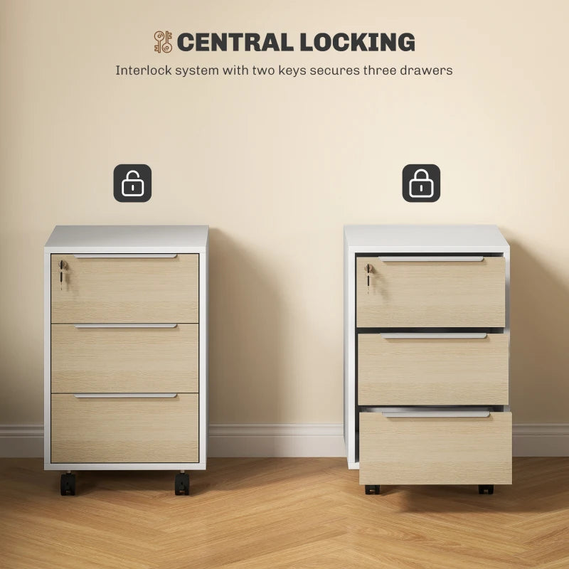 3 Drawer File Cabinet with Wheels, Vertical Filing Cabinet with Lock, Oak