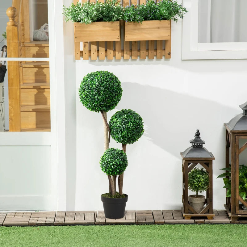 35 Inch Potted Fake Plant, Artificial Boxwood Topiary Tree, Triple Ball Tree for Indoor and Outdoor, Dark Green