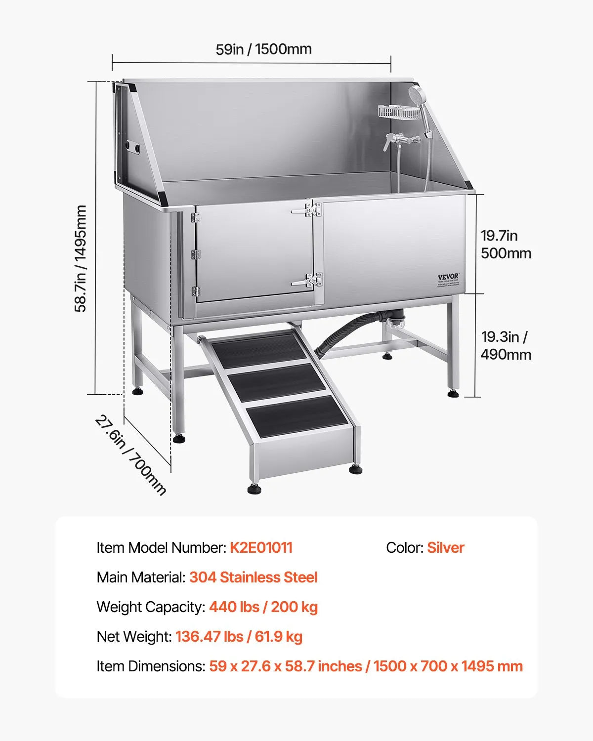 VEVOR 62 Inch Dog Grooming Bath Tub Stainless Steel w Ramp Water Filter Left