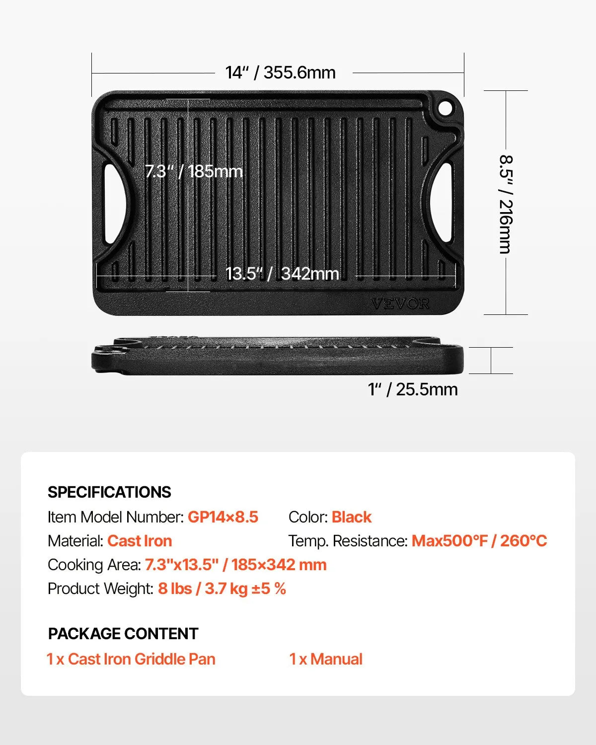 VEVOR 14x8.5 in Reversible Grill Griddle Pre-Seasoned BBQ Pan Cast Iron Black