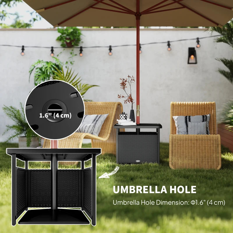 21.75" Outdoor Rattan Wicker Patio Coffee Table with Umbrella Hole, Patio Side Table with Slatted Metal Top, Black