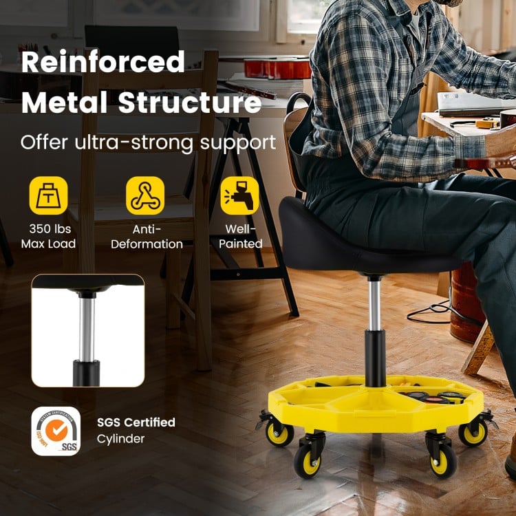20 Inch-25 Inch Height Adjustable Rolling Garage Stool with Tool Tray Storage-Yellow