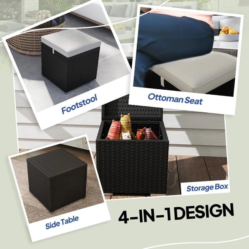 2 Pieces Wicker Outdoor Ottoman with Storage, Cushion, Square Outdoor Footstool, Seating, Side Table, Light Grey