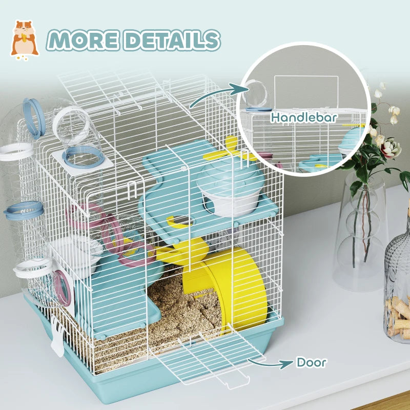 3-Level Hamster Cage with Exercise Wheel, Play Tube, Water Bottle, Food Dish, Hut, Ladder, Blue