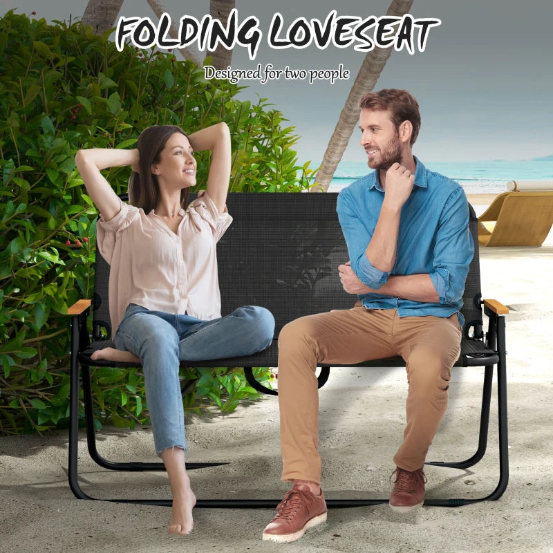 2-Seat Folding Patio Bench Camping Chair, Sports Chair with Armrest, Mesh Fabric Seat for Lawn, Black