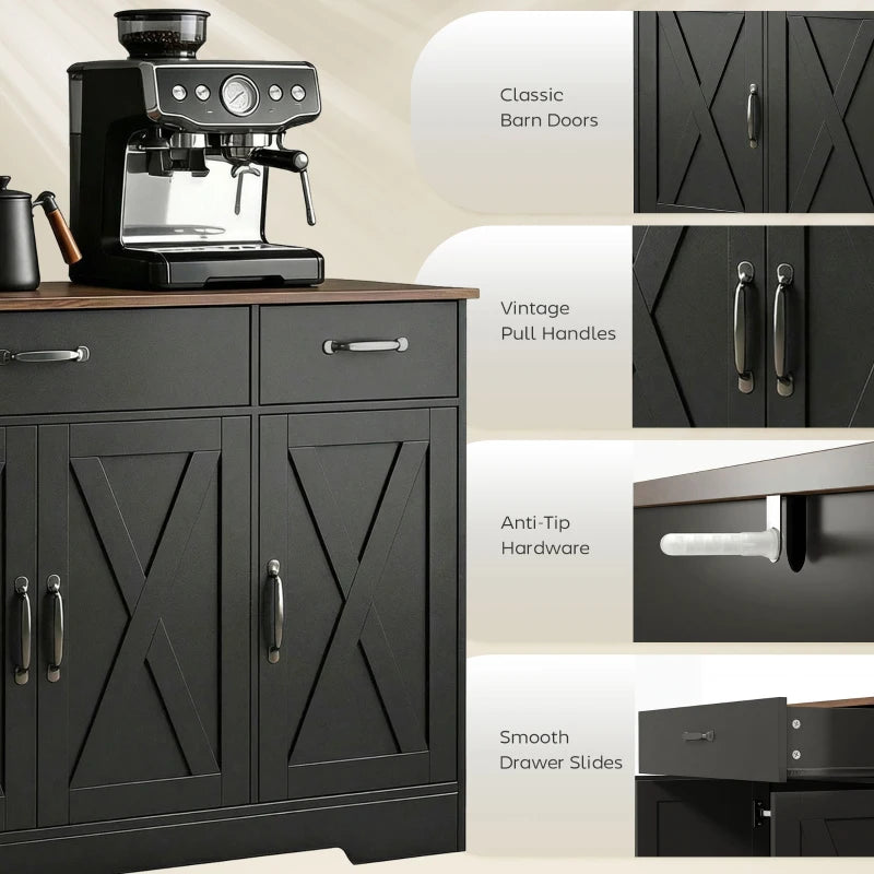 Sideboard Buffet Cabinet, 55" Farmhouse Kitchen Cabinet with 4 Barn Doors, 3 Drawers, 3 Adjustable Shelves, Black