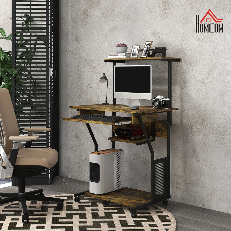 32" Mobile Computer Table, Rolling Study Desk for Home Office with Keyboard Tray, Storage Shelves, Wheels, Rustic Brown