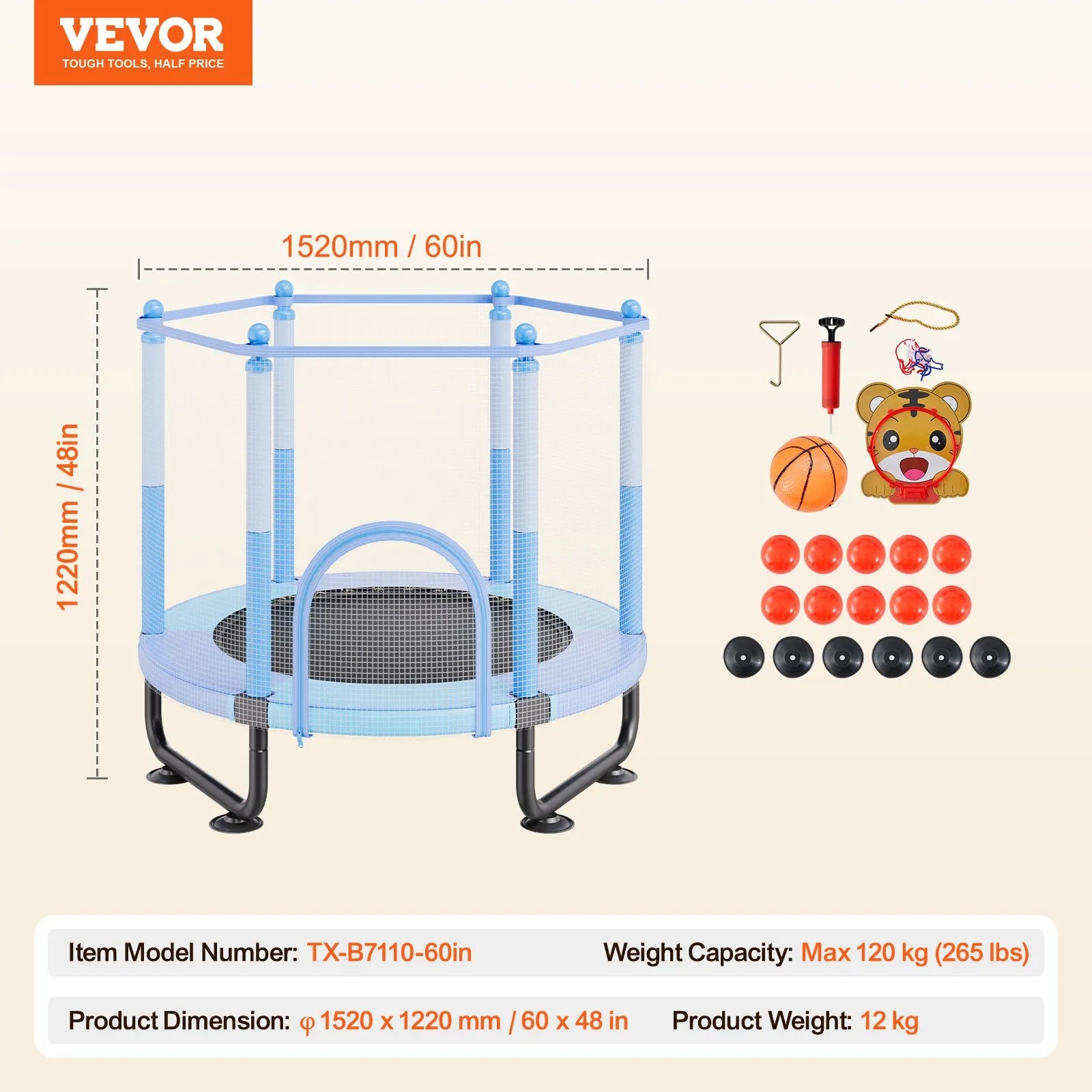 VEVOR 60" Trampoline for Kids Mini Toddler Trampoline with Net Indoor Outdoor