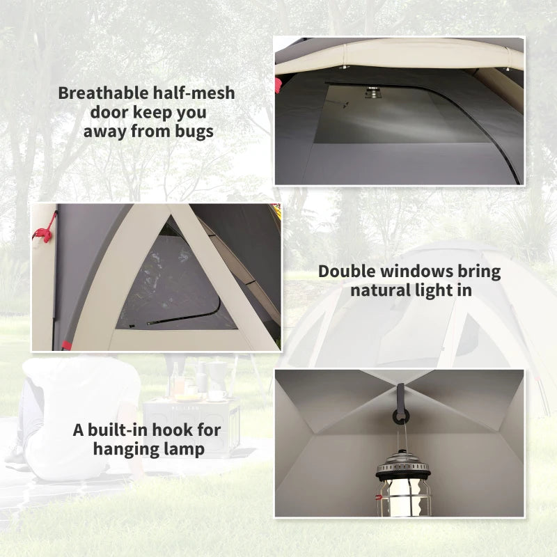2 Person Camping Tent, Waterproof Family Dome Tent with Bedroom, Porch, Sewn-in Groundsheet and Hook, Khaki