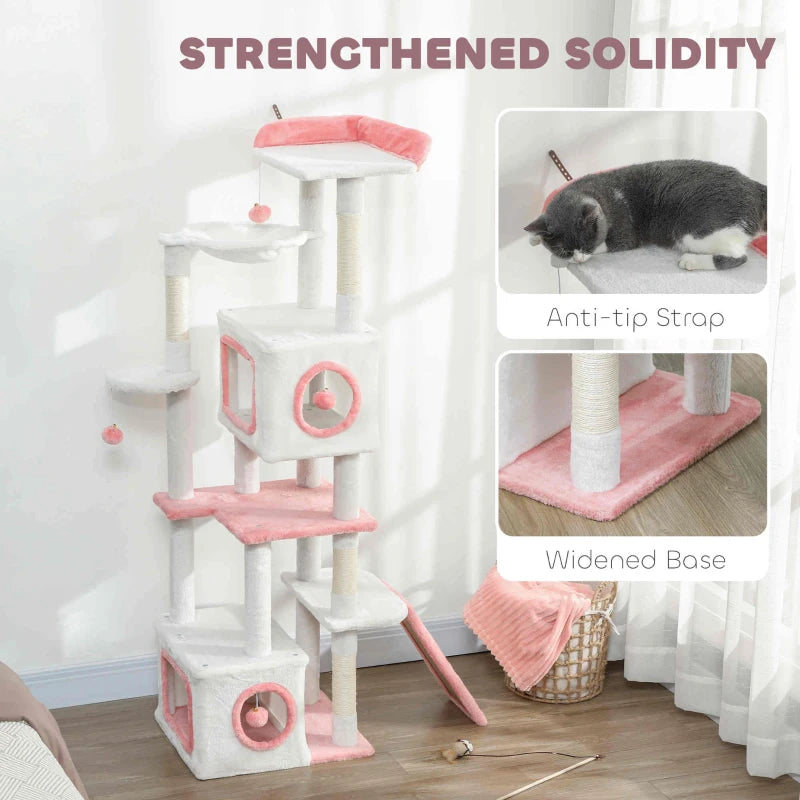 65 Inch Cat Tree with 2 Doors Condos, Plush Top Perch, Hammock, Sisal Scratching Posts, 4 Pompoms, Ramp, White