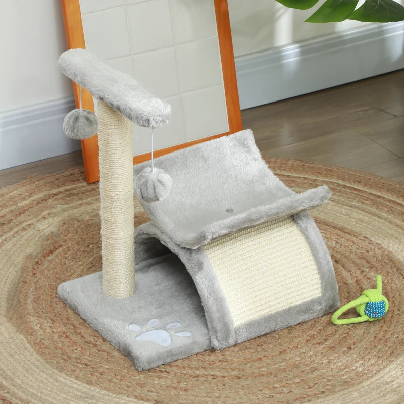 17" Small Cat Tree with Scratching Post, Cat Tower with Rotatable Top Pole, Platform, 2 Dangling Balls, Light Grey