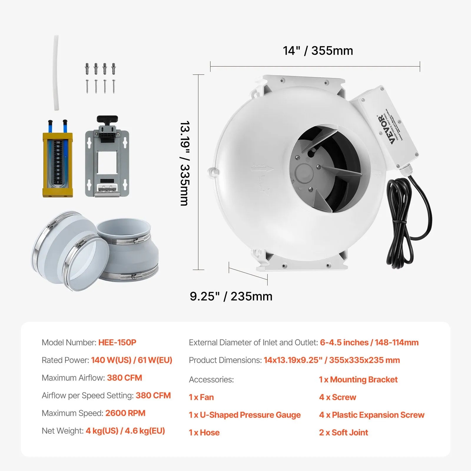VEVOR 6" to 4.5" Radon Mitigation Fan System Kit Quiet 380 CFM Inline Duct Fan