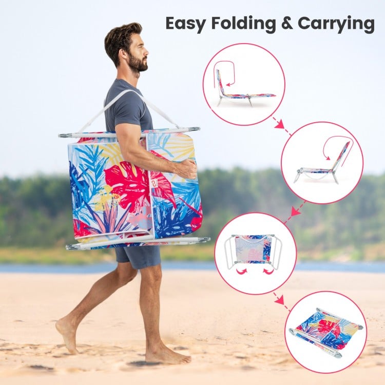 2 Pieces 5-position Lay Flat Beach Recliner with Carry Strap and Metal Frame-Pink