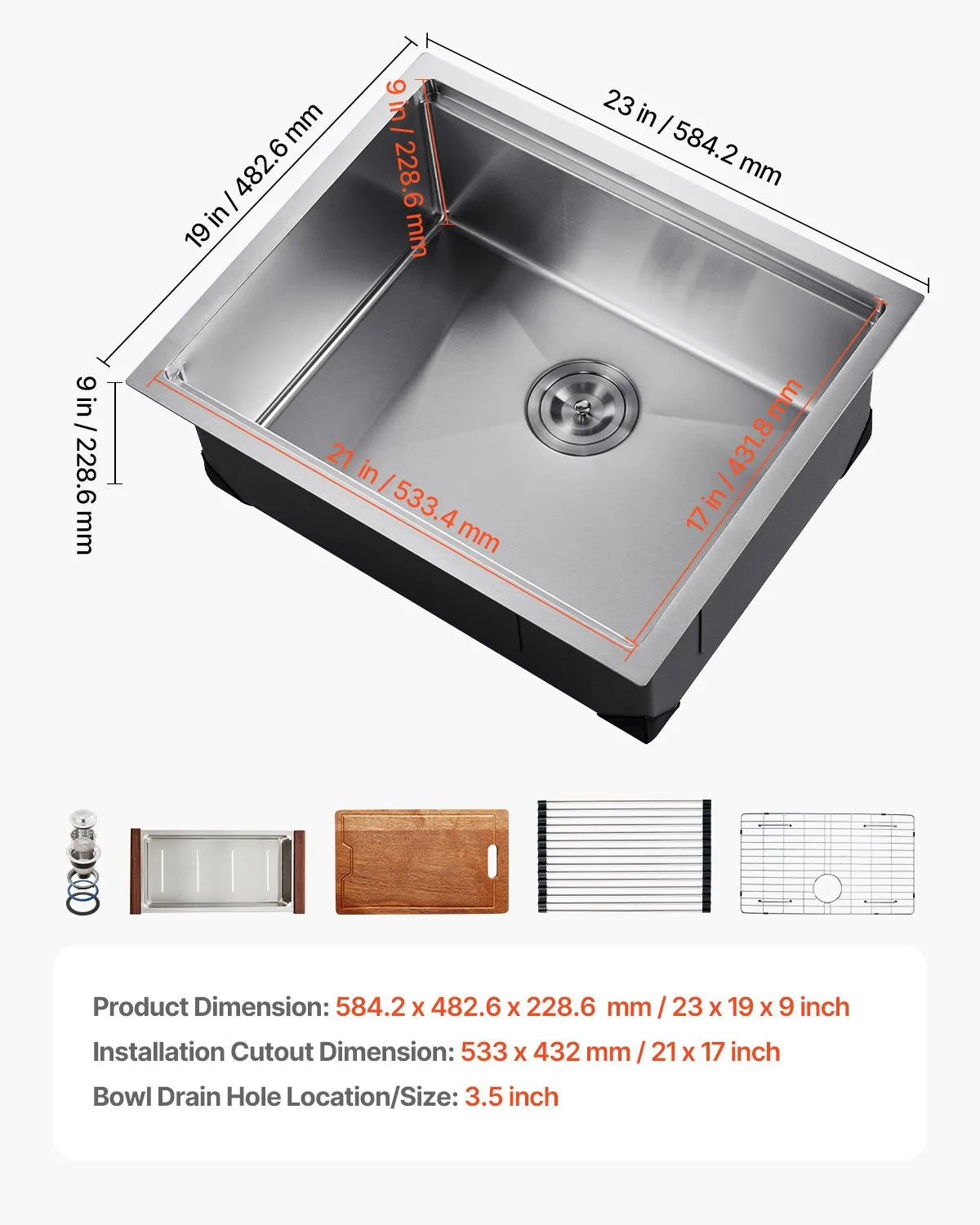 VEVOR 23" Kitchen Sink Undermount Single Bowl Drop-In Basin Stainless Steel Bar
