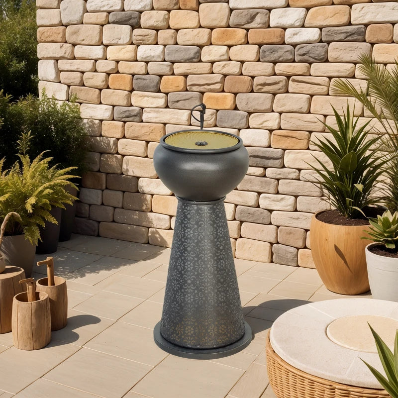 28" Tall Outdoor Water Fountain with LED Lights, Bowl Garden Waterfall Fountain with Adjustable Flow, Outdoor Water Feature with Cut-out Floral Base, Dark Grey and Yellow