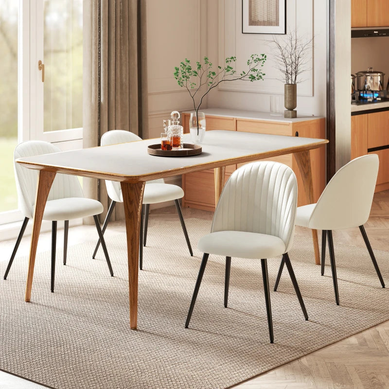 Set of 4 Modern Dining Chairs, Velvet Upholstered Kitchen Chairs with Steel Legs for Living Room, Cream White