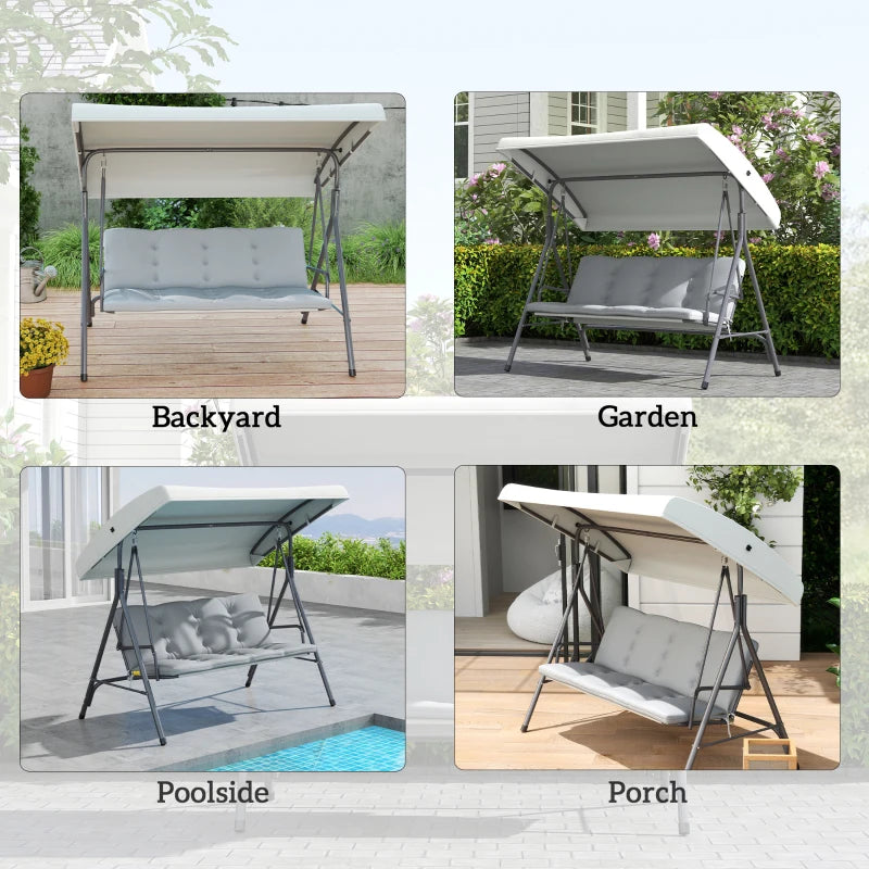 3-Seat Patio Swing Chair, Outdoor Porch Swing Glider with Adjustable Canopy, Light Grey