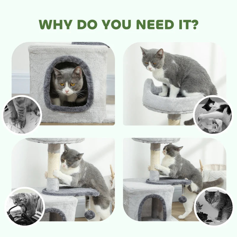 28" Cat Tree Tower with Plush Top Bed, Cozy Condo, Sisal Scratching Post, Perch, Dangling Ball, Light Grey