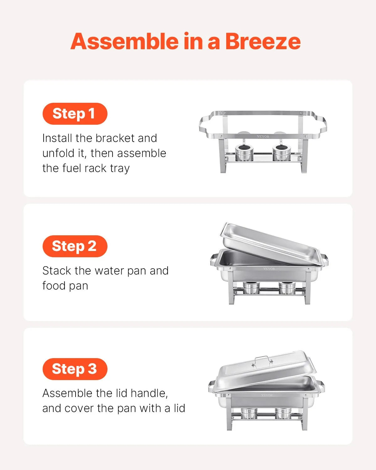 VEVOR 8 Qt 6 Pack Rectangle Chafing Dish Buffet Set Fullsize Pan Stainless Steel