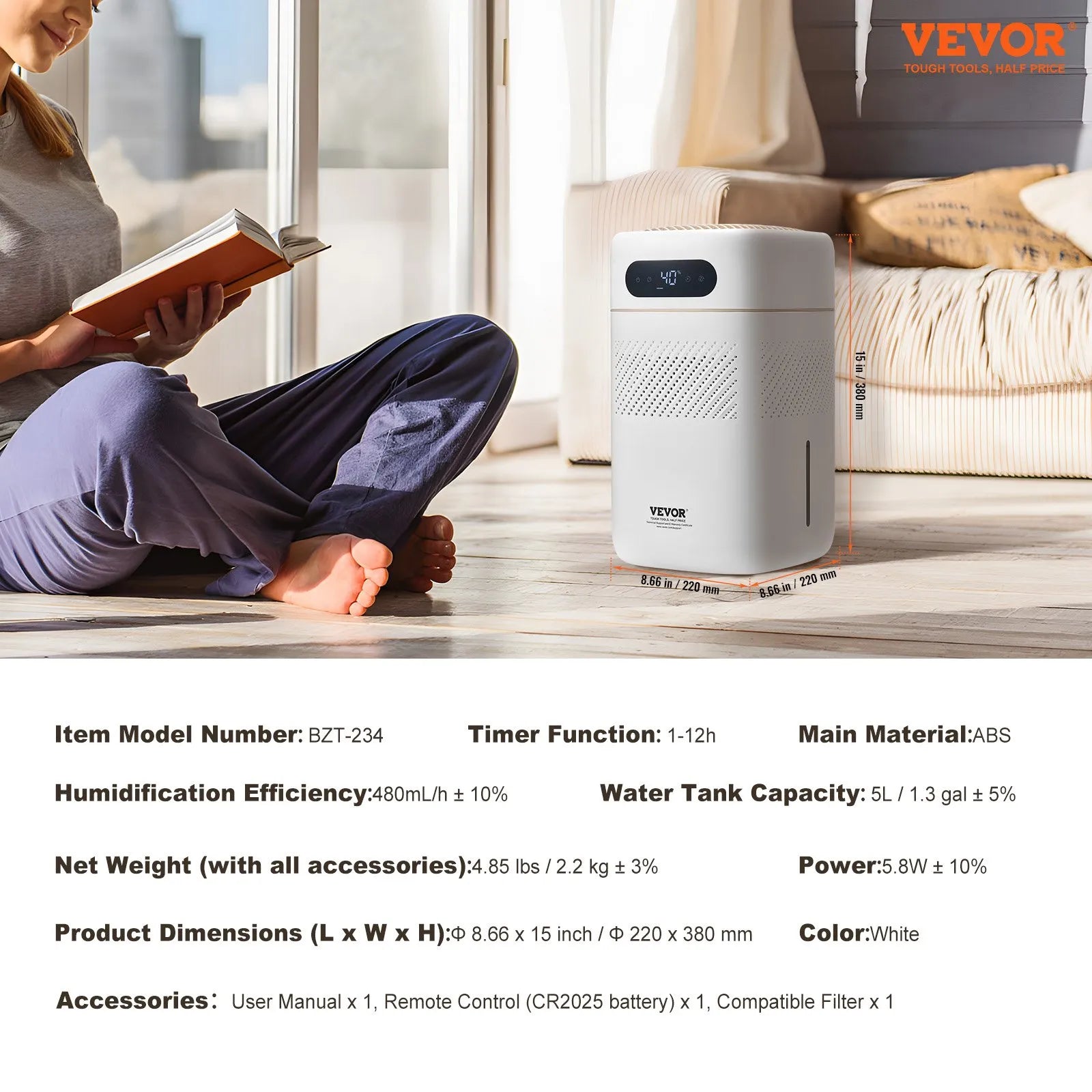 VEVOR 5L(1.32G) Evaporative Humidifier for 538.2 sqft Air Purifier for Bedroom