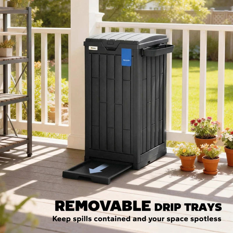 29 Gallon Outdoor Garbage Bin with Dual Lid, Plastic Outdoor Waste Trash Can with Side Holder and Drip Tray, Black