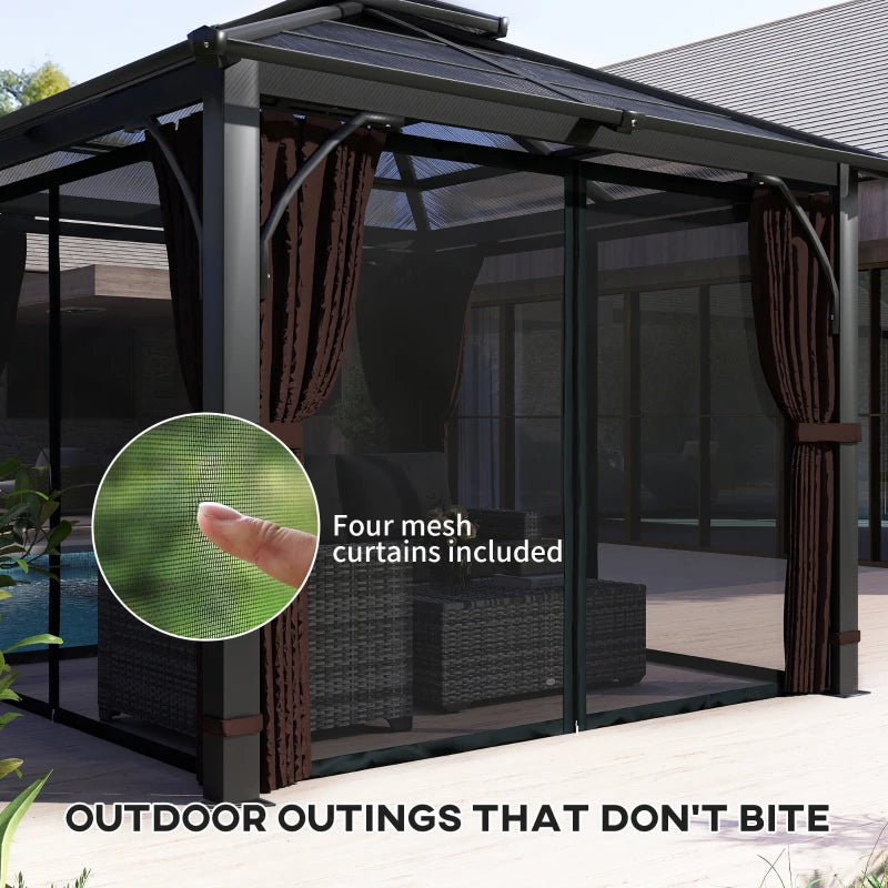 10' x 10' Hardtop Gazebo with 7mm Double Polycarbonate Roof, Outdoor Gazebo with Netting and Curtains, Coffee