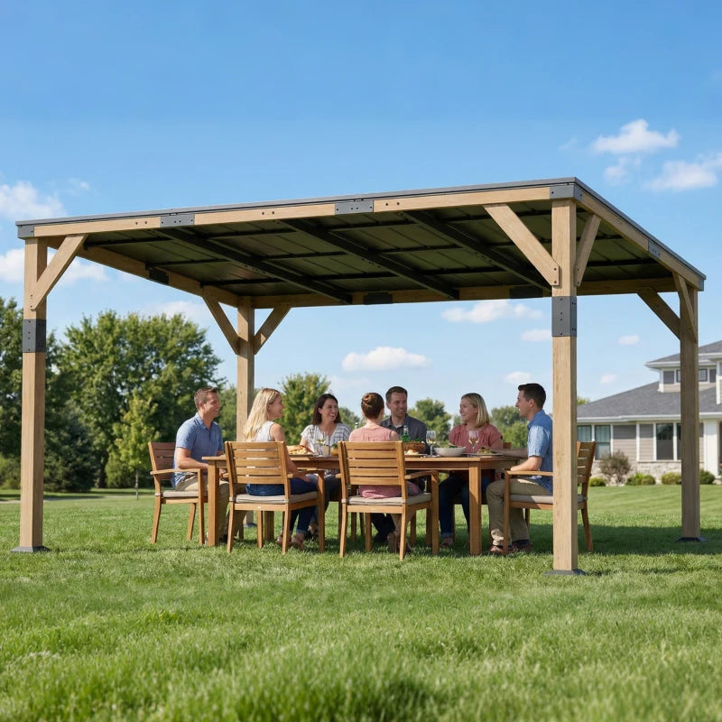 14' x 10' Gazebo, Lean to Galvanized Steel Hardtop Gazebo Pergola with Wood Frame, Patio Gazebo Awning, Dark Grey