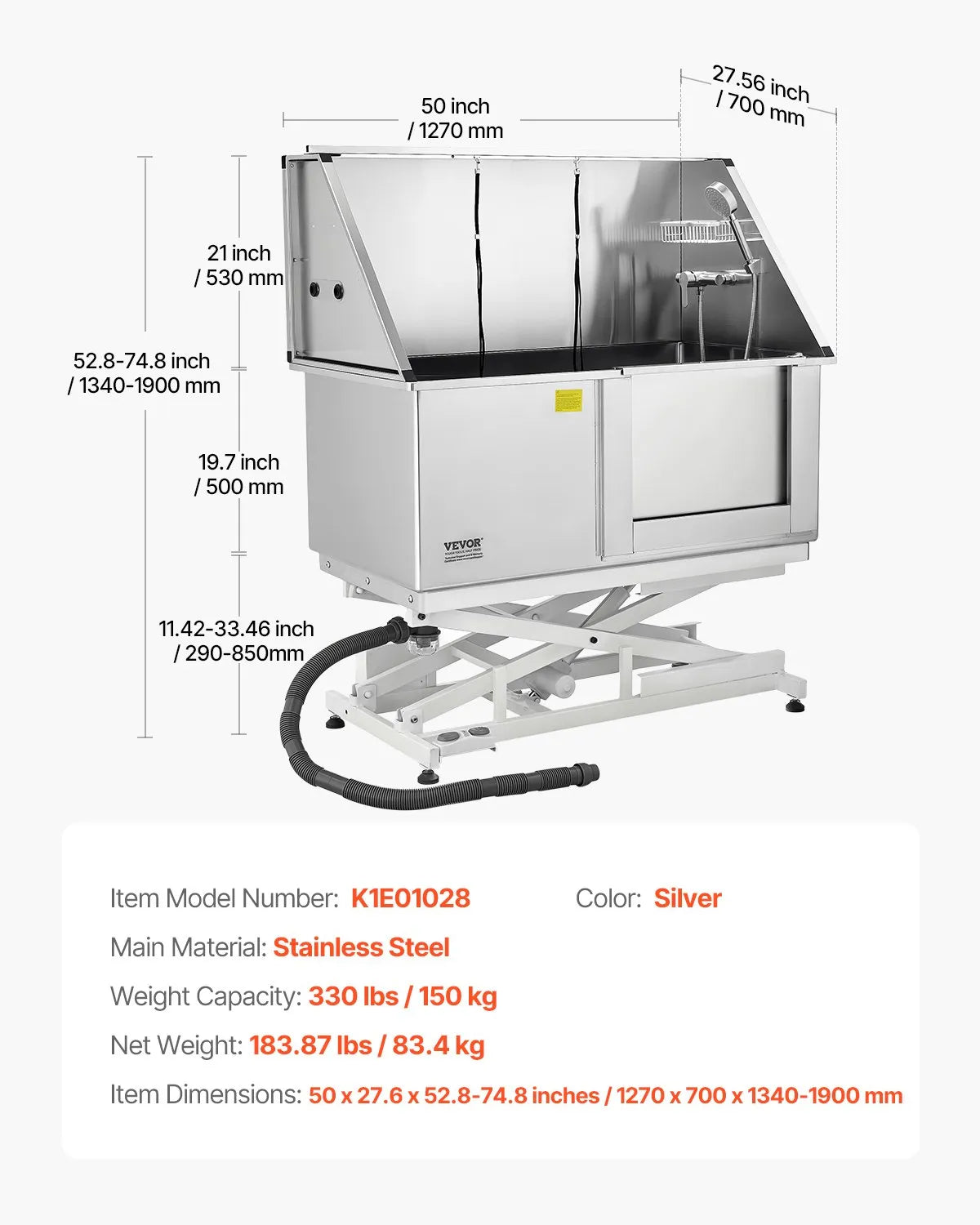 VEVOR 50 Inch Electric Dog Grooming Bath Tub Stainless Steel w Water Filter