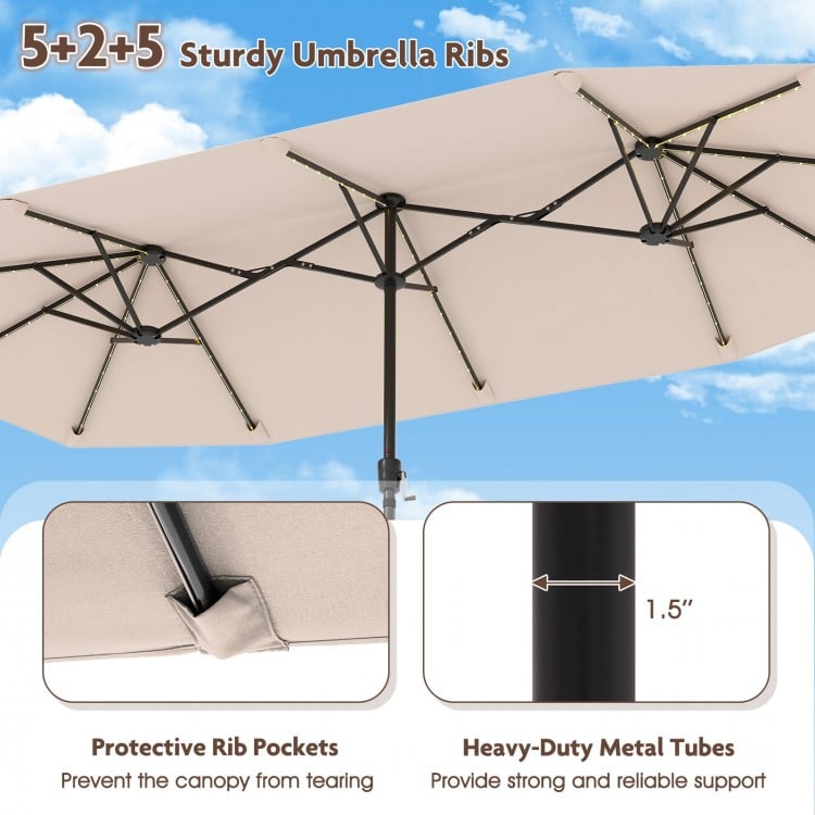 13 FT Large Patio Umbrella with LED Solar Lights and Crank Handle-Beige