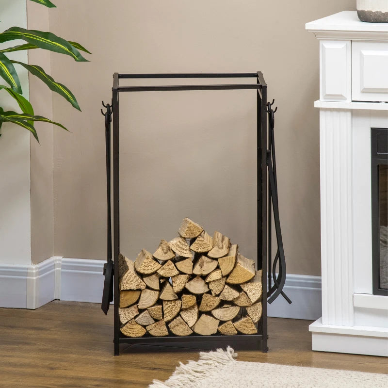 18.1" x 11.8" x 27.6" Firewood Rack with 4 Tools, Log Holder for Fireplace, Outdoor Indoor Wood Storage Stacker, Black