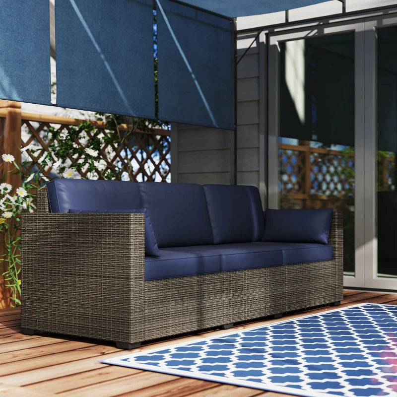 3-Seater Outdoor Sofa with Cushions, PE Rattan Conversation Patio Couch with Pillows for Garden, Poolside, Blue/Brown