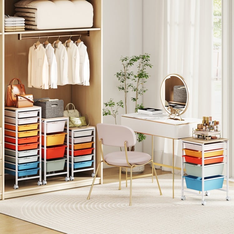 10-Drawer Rolling Storage Cart Mobile Utility Organizer with Wooden Tabletop and Lockable Wheels-Macaron
