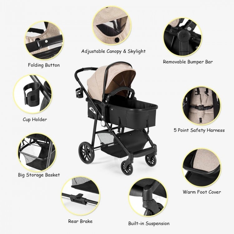 2 in 1 Foldable Pushchair Newborn Infant Baby Stroller-Coffee