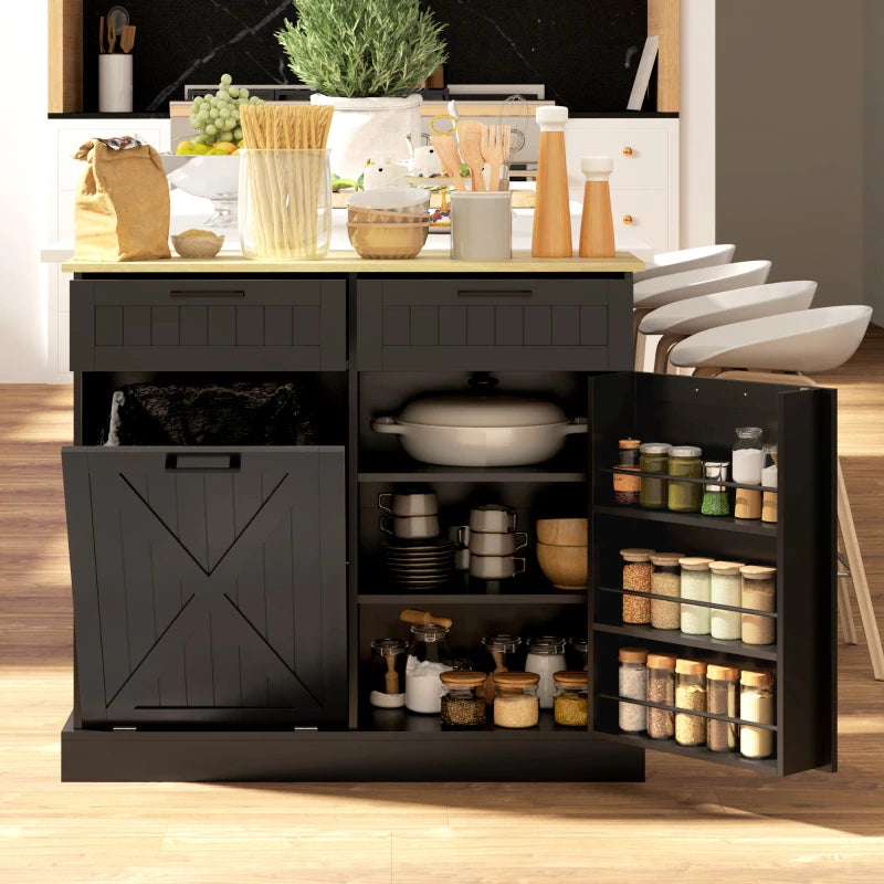 10 Gallon Hidden Garbage Bin Cabinet, Tilt Out Trash Cabinet w/ 2 Drawers, Freestanding Kitchen Island, Black