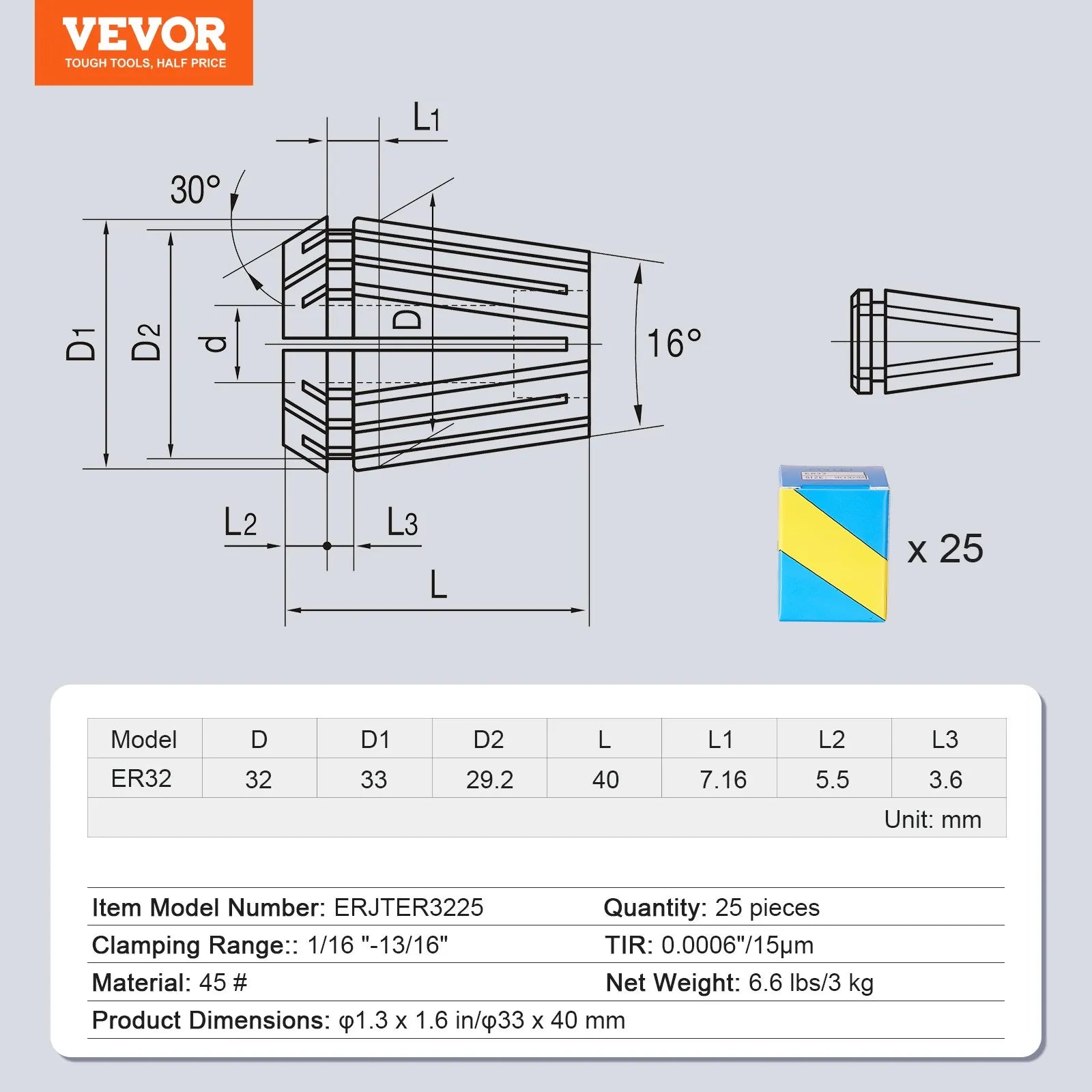 VEVOR 25 pcs ER32 Collet Set, 1/16''-13/16'', ER32 Spring Collet Chuck Set, 0.0006"/15 µm TIR Lathe Chuck Tool with 25 Labeled Storage Boxes, for CNC Engraving Machine Milling Lathe Tool Drill Press