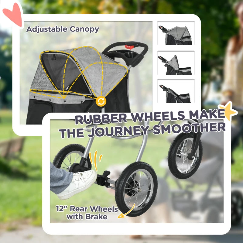 Small Dog Stroller, 3-Wheel Foldable Pet Stroller with Adjustable Canopy and Zippered Mesh Door for Pet Owners, Grey