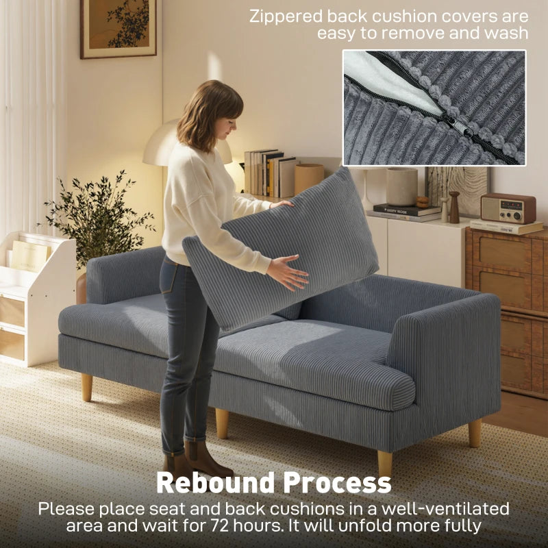 3 Seater Sofa, 74" Modern Corduroy Upholstered Couch with Thick Spring Cushions, Solid Wood Legs, Armrests, Dark Grey
