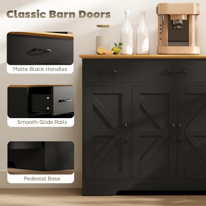47" Buffet Cabinet with Soft-Close Hinges, Farmhouse Sideboard with 3 Drawers, Adjustable Shelves and Spice Racks, Black