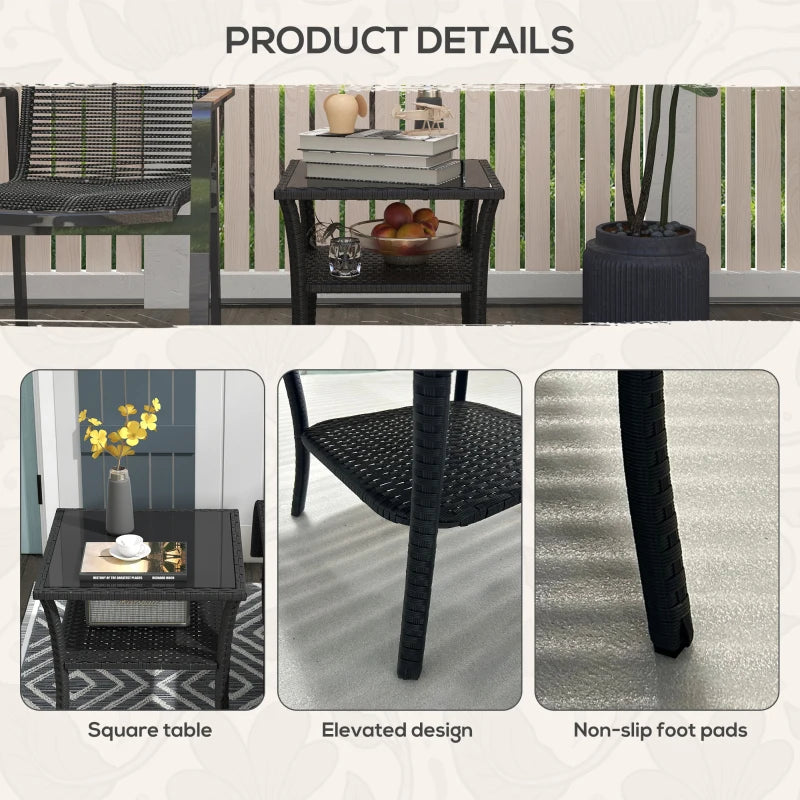 20" Patio Wicker Coffee Table, Outdoor PE Rattan Two-tier Side Table with Glass Top, for Patio, Garden, Balcony, Black