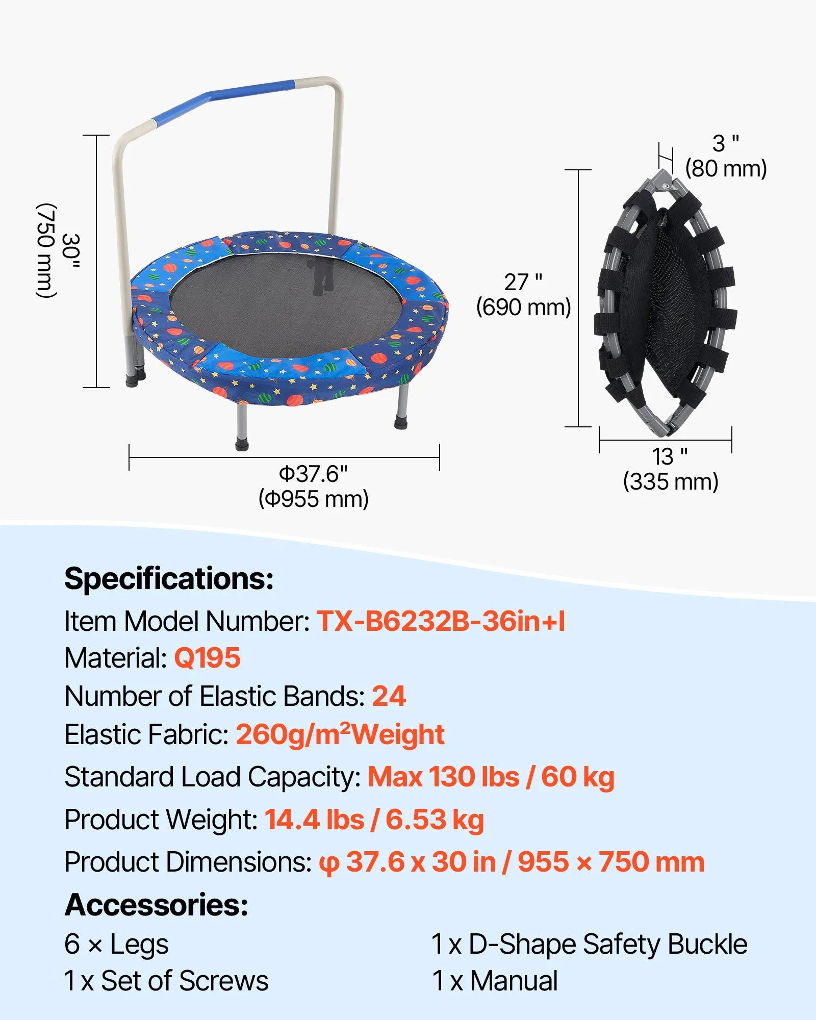 VEVOR 36" Trampoline for Kids Foldable Mini Toddler Trampoline Indoor Outdoor