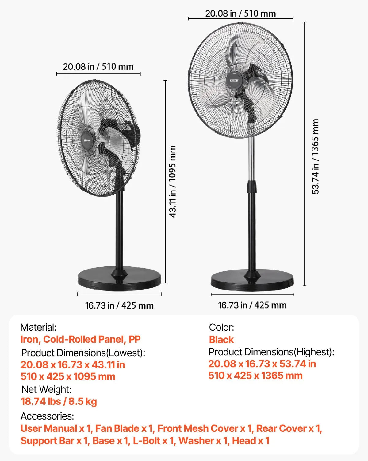 VEVOR 18" Industrial Pedestal Fan 3-Speed Oscillating Fan Height Adjustable