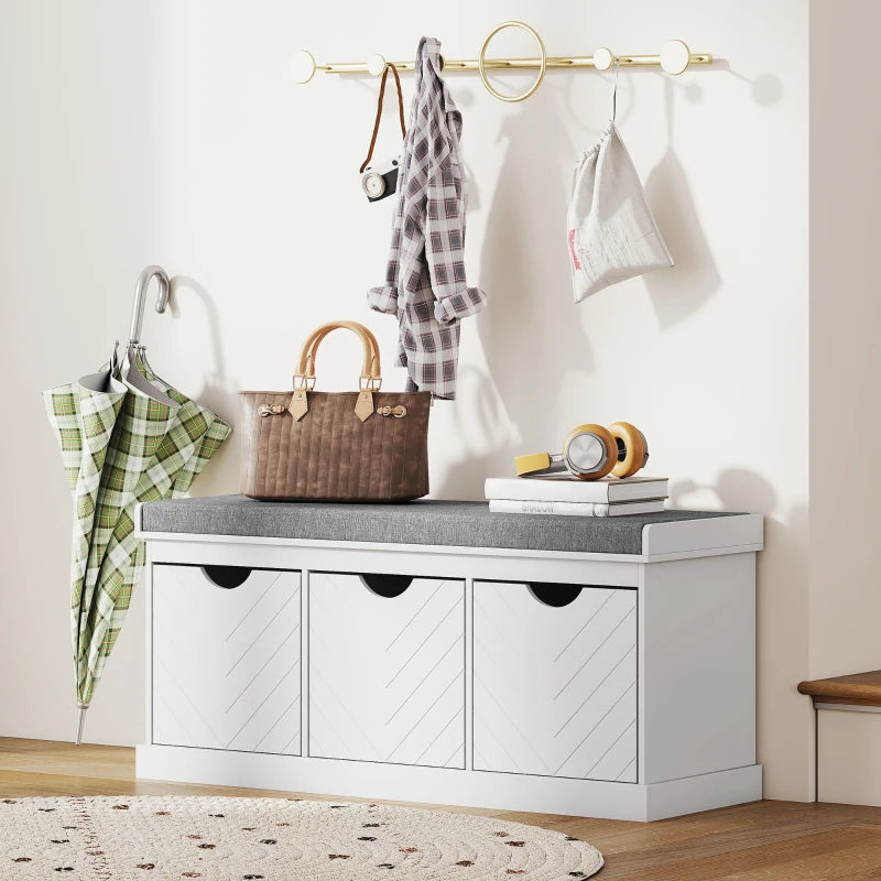 Shoe Storage Bench, Linen-Look Entryway Bench with 3 Removable Drawers and Padded Seat Cushion for Hallway, White