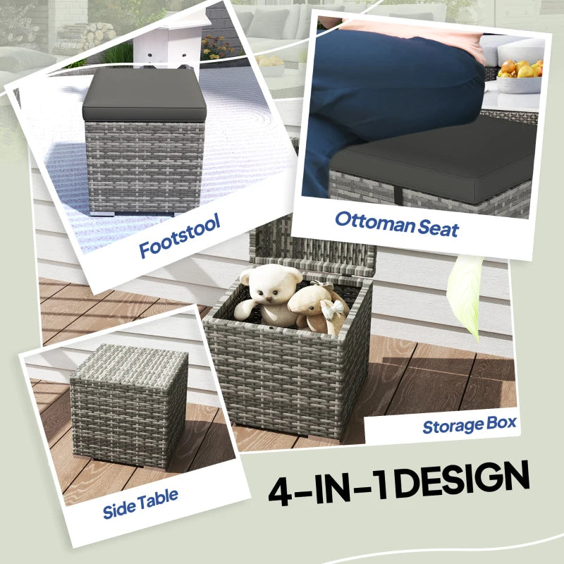 2 Pieces Wicker Outdoor Ottoman with Storage, Cushion, Square Outdoor Footstool, Seating, Side Table, Dark Grey