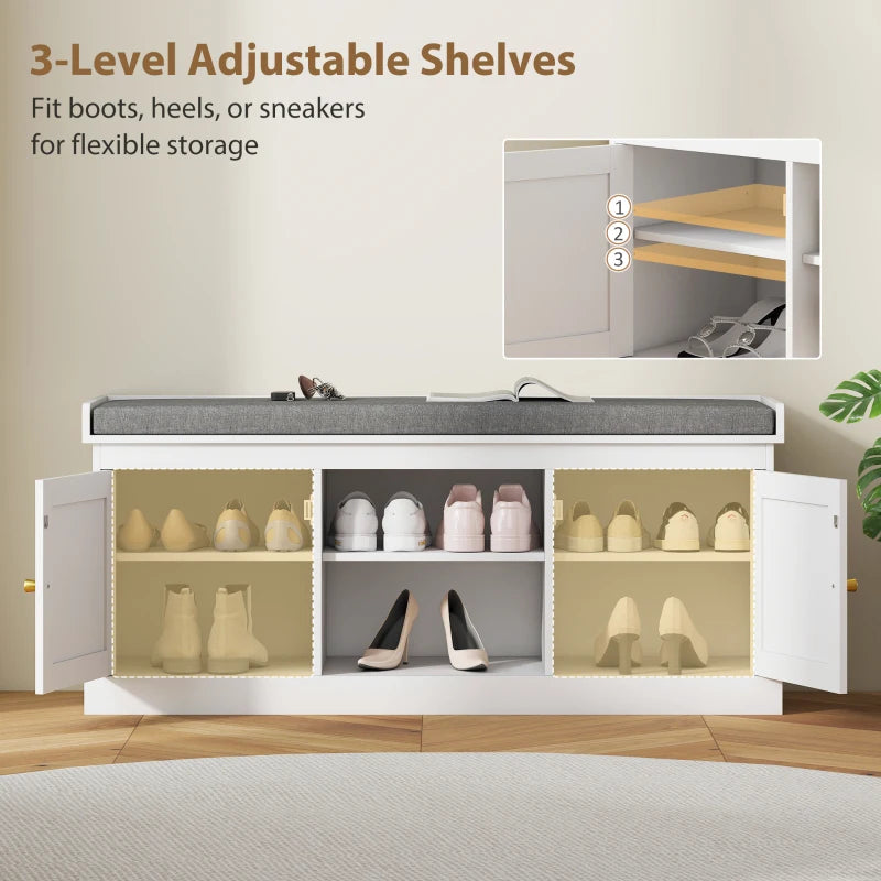 Shoe Bench with Padded Cushion, Boho Entryway Bench with Rattan Doors and Adjustable Shelves, Holds 9 Pairs, White