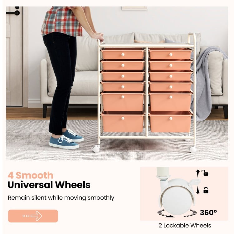 12-Drawer Rolling Storage Cart with Removable Drawers and Lockable Wheels-Peach
