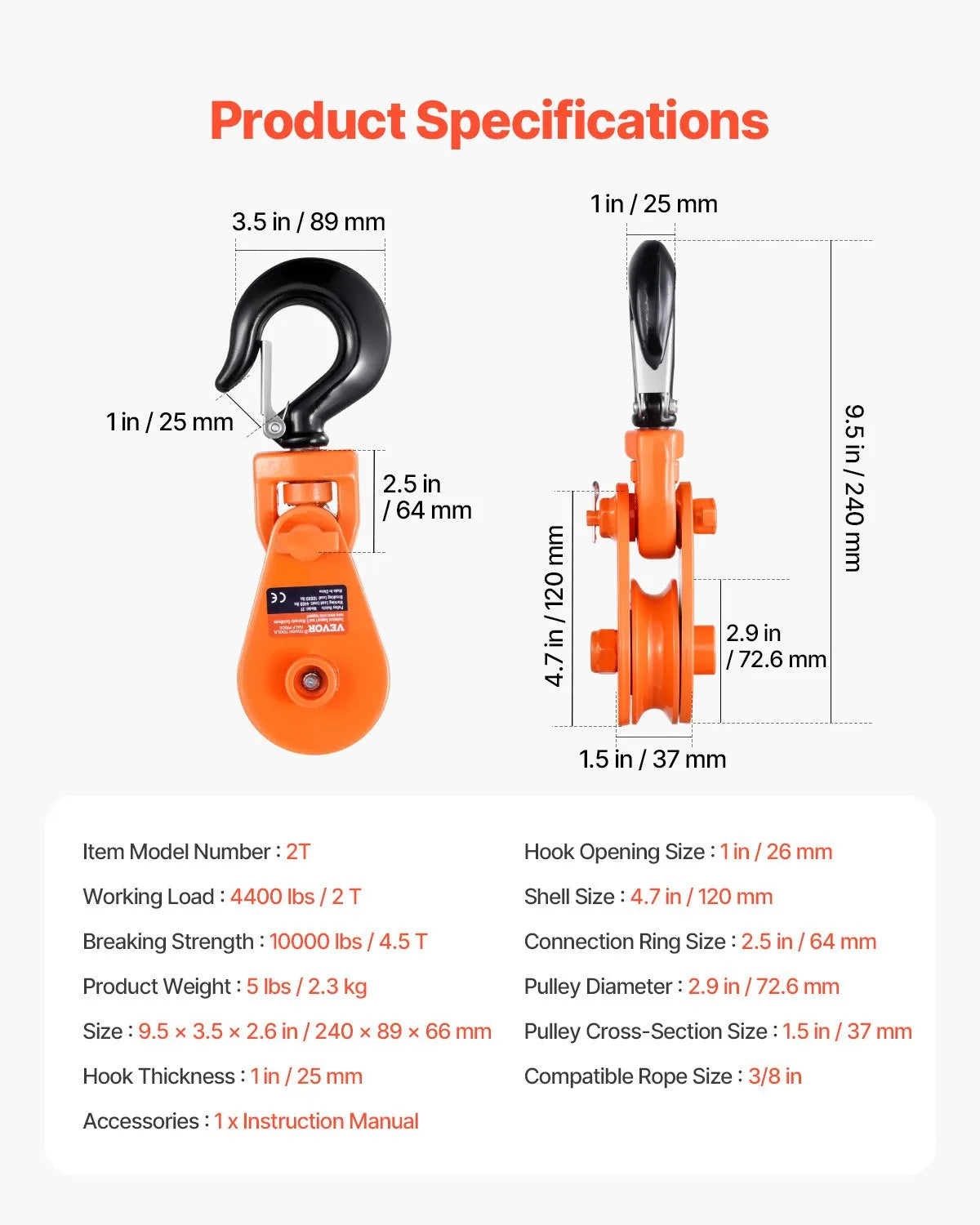 VEVOR 2 Ton Snatch Block with Swivel Hook 3" Sheave 3/8" Wire Rope Rollback