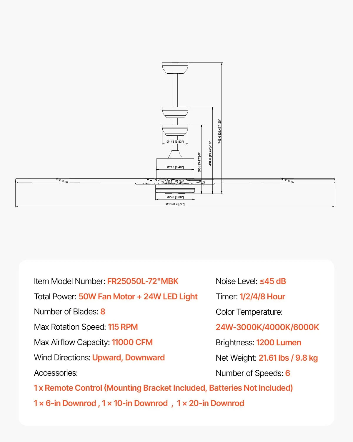 VEVOR 72 In Ceiling Fan with Light 6-Speed Remote Control Reversible Motor Black