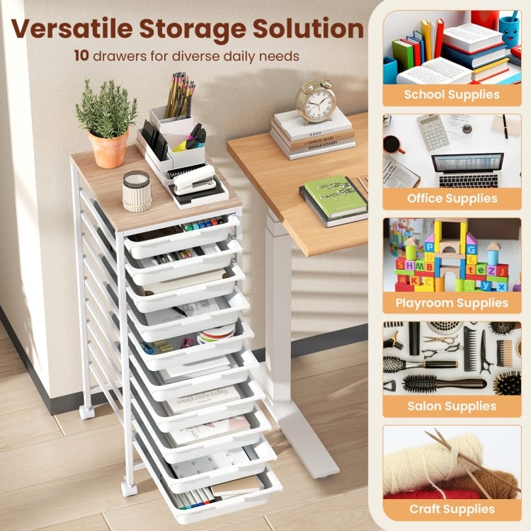 10-Drawer Rolling Storage Cart Mobile Utility Organizer with Wooden Tabletop and Lockable Wheels-White