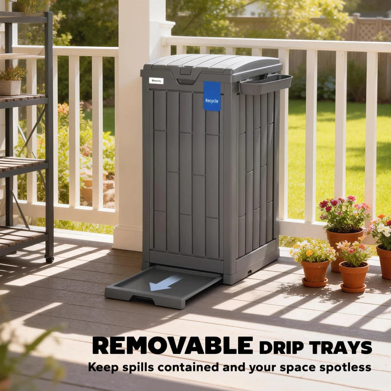 29 Gallon Outdoor Garbage Bin with Dual Lid, Plastic Outdoor Waste Trash Can with Side Holder and Drip Tray, Grey