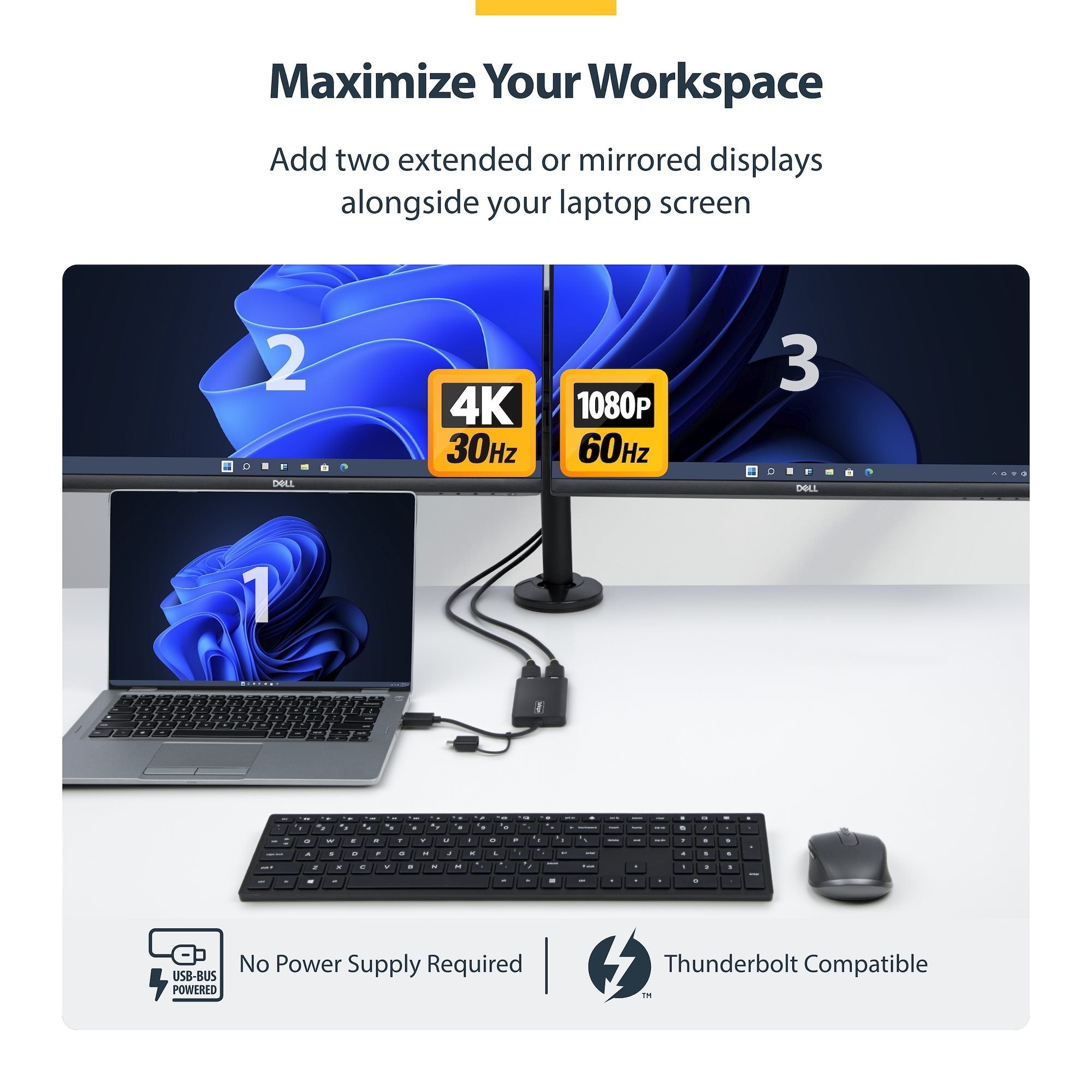 USB to Dual HDMI Adapter, USB A/C to 2x HDMI Displays (1x 4K30Hz, 1x 1080p), 4.3in/11cm Cable, USB 3.0 to HDMI Display Adapter, Windows/macOS, Black 